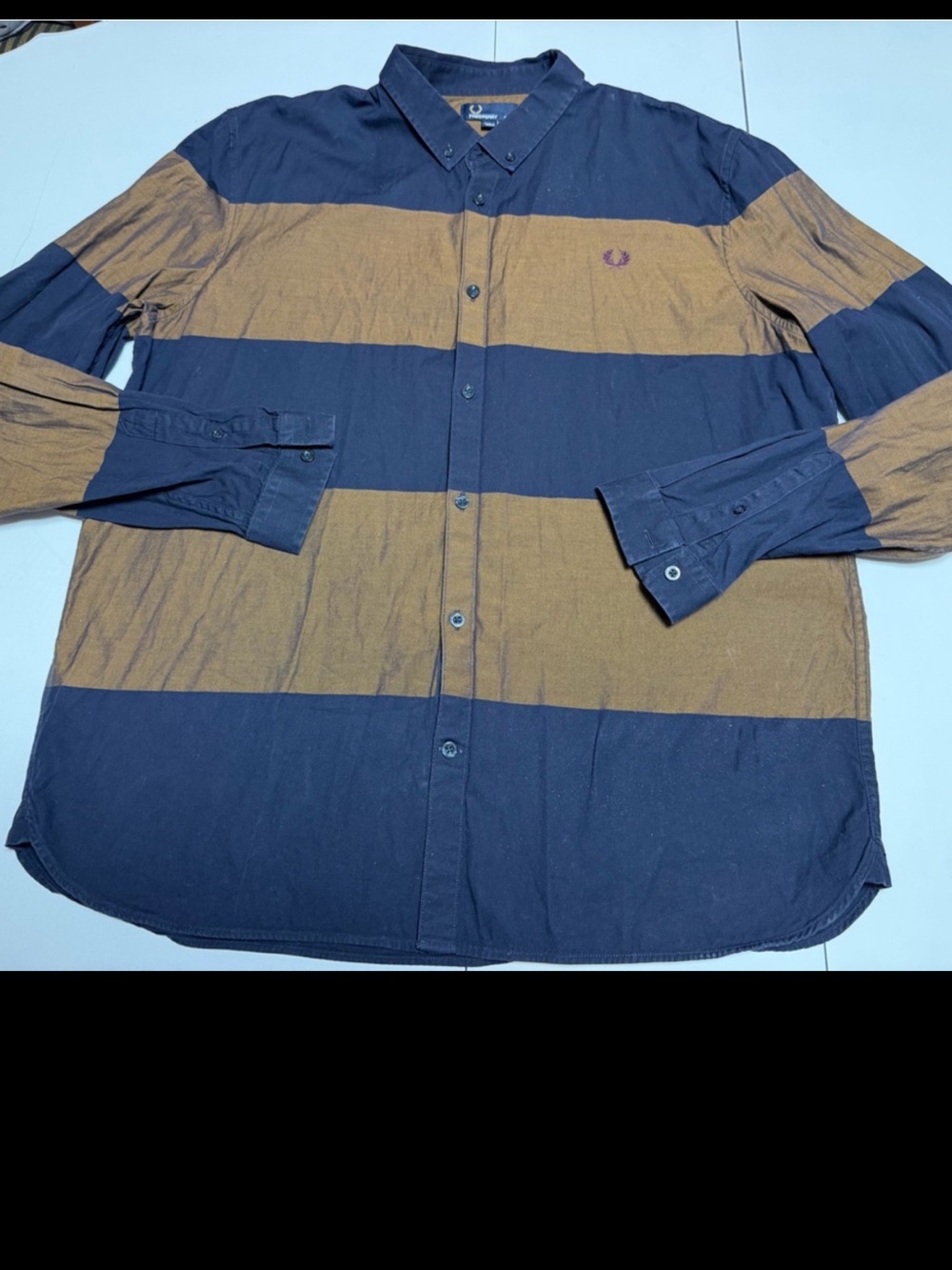 Fred Perry Navy and Tan Wide-Stripe Button-Down Shirt